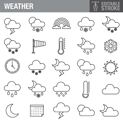 A set of editable stroke thin line icons. File is built in the CMYK color space for optimal printing. The strokes are 2pt and fully editable: Make sure that you set your preferences to ‘Scale strokes and effects’ if you plan on resizing!