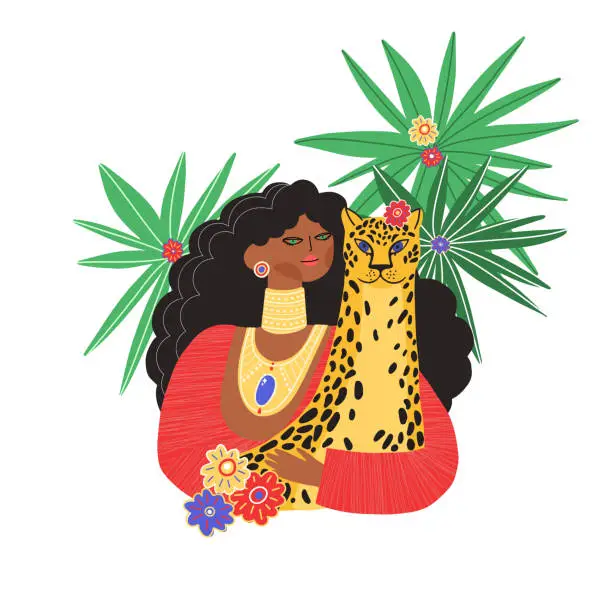 Vector illustration of girl with leopard