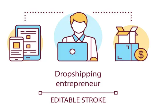 Vector illustration of Dropshipping entrepreneur concept icon. Delivery service worker idea thin line illustration. Businessman working on laptop. Ordering parcel. Vector isolated outline drawing. Editable stroke