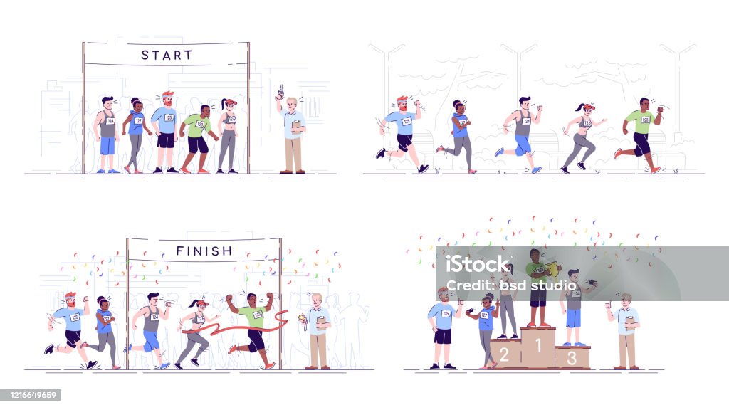 Running Contest Vector Marathon Flat Vector Illustrations Set Competition Stages Endurance ...