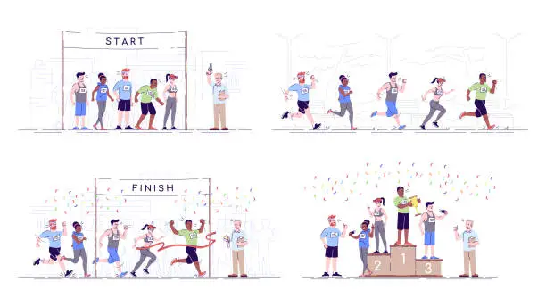 Vector illustration of Marathon flat vector illustrations set. Competition stages. Endurance contest. City running championship. Start, running track, finish and rewarding. Sports participants isolated cartoon characters