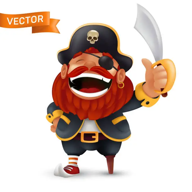 Vector illustration of Funny laughing red-bearded pirate character with saber or sword in a three-corned hat with a human skull. Vector cartoon mascot illustration isolated on white background