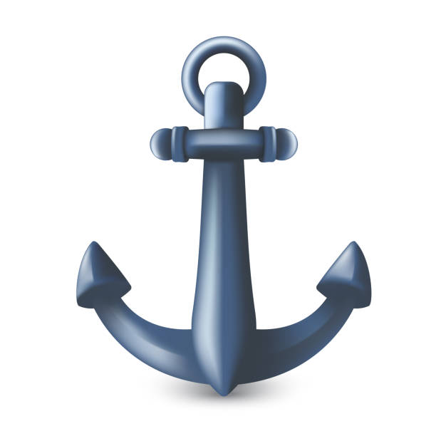 istock Nautical maritime blue metal anchor 3D symbol or icon. Vector illustration of vessel mooring device or heavy ship attribute isolated on white background 1216652183