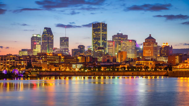Montreal Skyscaper Cityscape at Sunset Twilight Quebec Canada