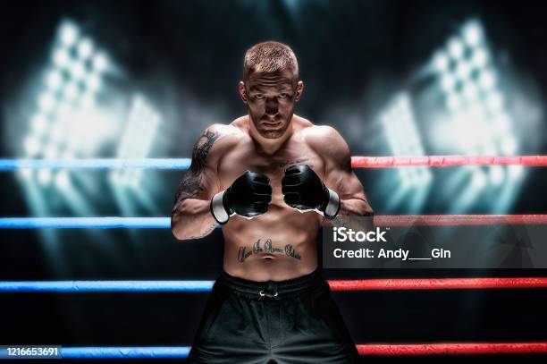 Mixed Martial Artist Posing In The Ring Against Spotlights Concept Of Mma Ufc Thai Boxing Classic Boxing Stock Photo - Download Image Now