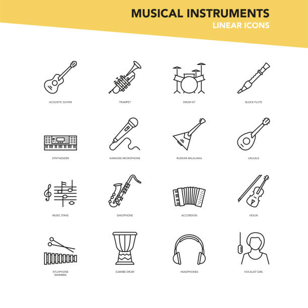 illustrations, cliparts, dessins animés et icônes de ensemble vectoriel d’icônes linéaires - instruments musicaux - black bass illustrations