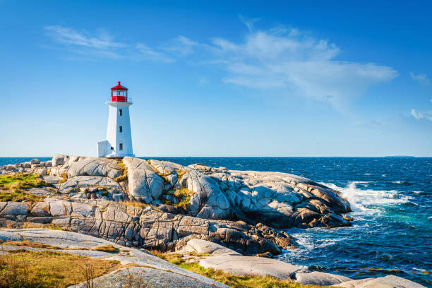 Peggy's Cove Lighthouse under Summer Sky Nova Scotia Canada Peggy's Cove Lighthouse under blue summer sky. Peggy's Cove, Nova Scotia, Canada. Day and Night Series. maritime provinces stock pictures, royalty-free photos & images