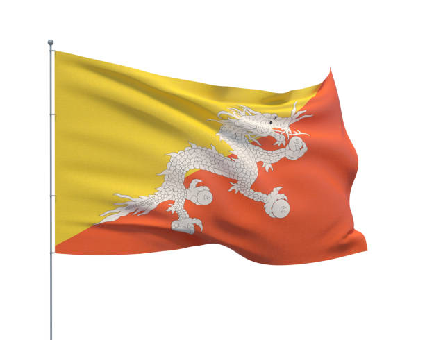 drapeaux de waving du monde - drapeau du bhoutan. isolé sur l’illustration 3d de fond de white. - bhutanese flag photos et images de collection