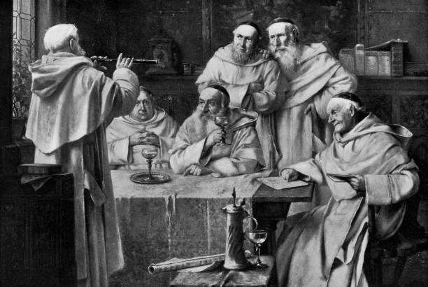 The Cloister Virtuoso by Richard Linderum (circa 19th century). Vintage etching circa late 19th century.