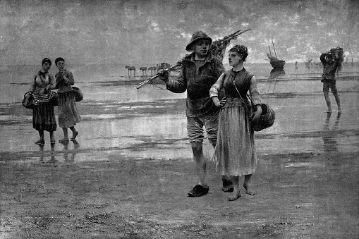 Fisherfolk on the Beach by Vilhelm Nikolaus August Hagborg (circa 19th century). Vintage etching circa late 19th century.