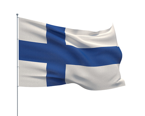 The national flag of Finland with fabric texture waving in the wind on a blue sky. 3D Illustration