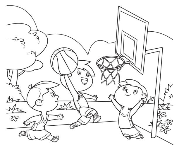 ilustraciones, imágenes clip art, dibujos animados e iconos de stock de libro para colorear, niños jugando al baloncesto - people young adult child football
