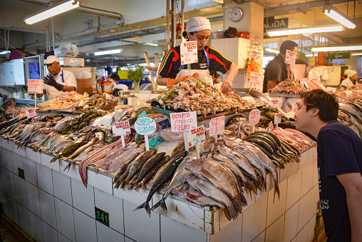 Fresh fish and sea food on sale in Lima's Mercado Central. Located a couple of blocks from Lima's Plaza de Armas, this multi-storey market offers an incredible glimpse into the daily shopping of locals in the Peruvian capital. Lima, Peru