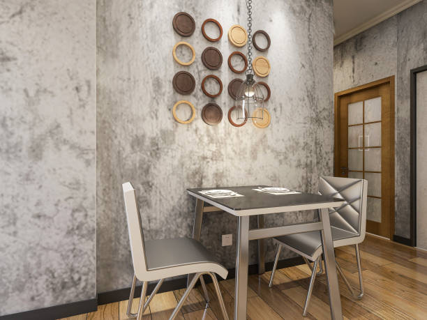 istock 3D rendering, industrial style dining room area design with wooden dining table and chairs. 1216665920