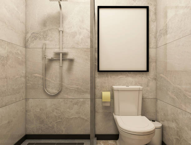 istock 3D rendering,Clean modern residential bathroom and toilet design, which is equipped with washstand, toilet and shower equipment, etc. 1216665921