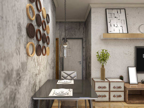 istock 3D rendering, industrial style dining room area design with wooden dining table and chairs. 1216665972