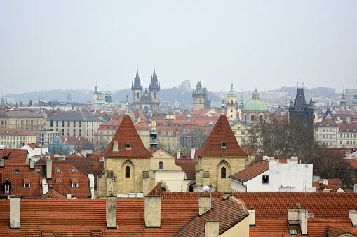 Prague, Czech Republic. March, 31, 2014. Prague old town view from rooftop to Zizkov TV tower