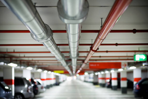 istock Parking garage, tubes on the ceiling selective focus 121666677
