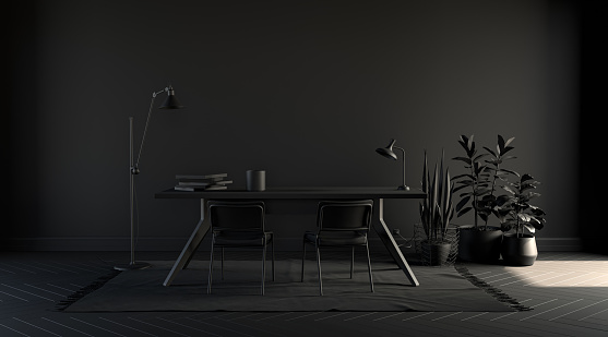 Dark color office, poster background with empty wall, sofa, chair, plant, carpet and curtain in  monochrome black color, 3d rendering for picture frames.