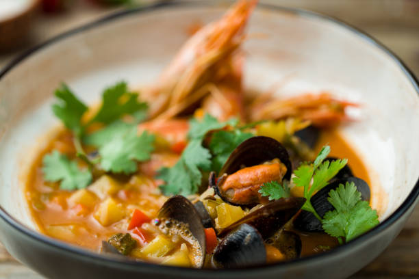 istock Seafood casserole bowl on wooden table 1216667555