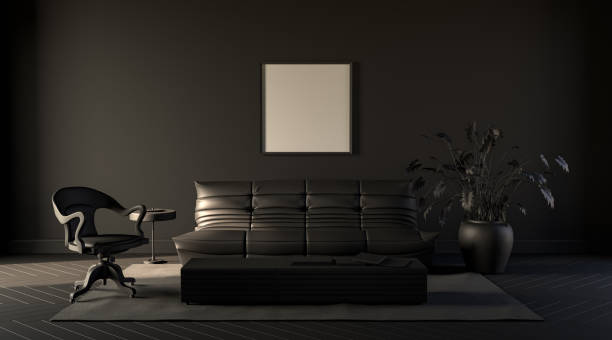 istock Dark room in solid black tones with sofa,chair,plant on a carpet. Black background. 3D rendering 1216667886