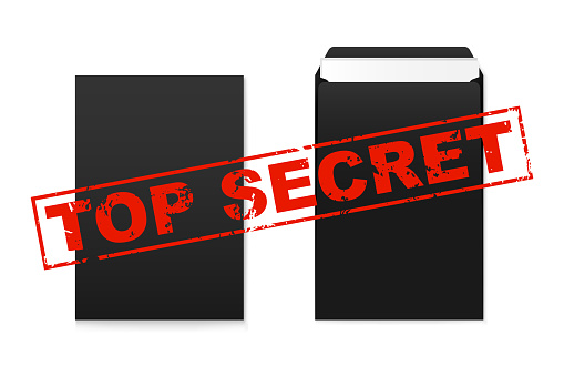 Secret Layer Envelop Vector Mockup Set Of Black A4 Paper Envelope With Red Top Secret Stamp ...