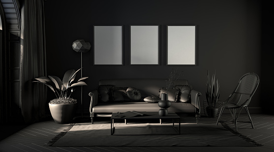 Habitación oscura con marcos de cuadros en color negro monocromo con sofá, silla, estantería en una alfombra. Fondo negro. Renderizado 3D photo