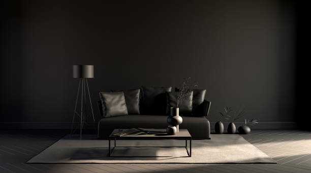 istock Black room, with empty wall, single sofa, plant, carpet  in monochrome black color, 3d rendering 1216668820