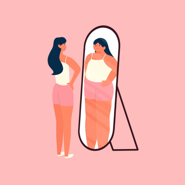 woman with ideal bodies looking herself in the mirror and feel insecure and fat human character illustration woman with ideal bodies looking herself in the mirror and feel insecure and fat human character illustration eating disorder stock illustrations