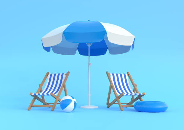 istock Beach umbrella with chairs and beach accessories on the bright blue background 1216672596