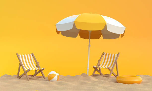 istock Beach umbrella with chairs and beach accessories on the bright orange background 1216672624