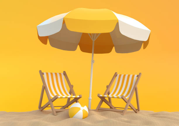 istock Beach umbrella with chairs and beach accessories on the bright orange background 1216672639