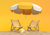 Beach umbrella with chairs and beach accessories on the bright orange background