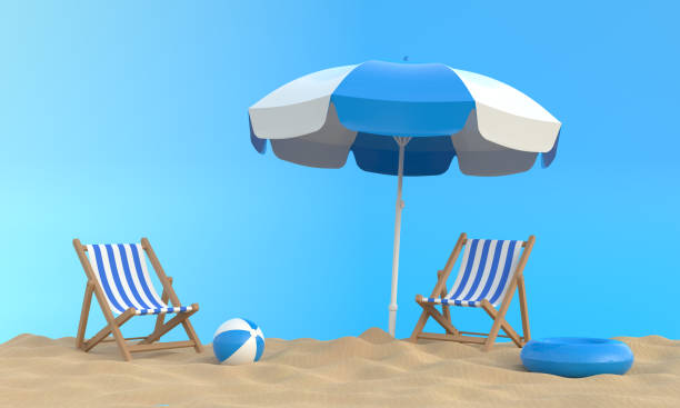 istock Beach umbrella with chairs and beach accessories on the bright blue background 1216672692