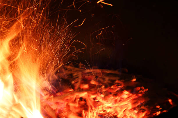 istock Defocused Background. Fire flame and sparks on a black background. Close-up. 1216678287