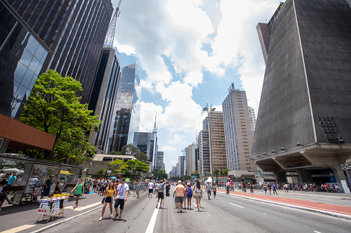 Sao Paulo, Brazil -  december 29 2019 - people stroll on Avenida Paulista on Sunday that the avenue is closed to the traffic of cars.