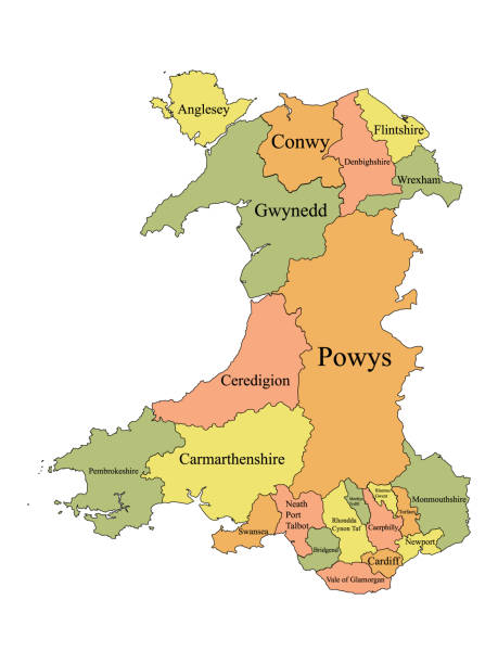 Map of Welsh Principal Areas Labeled Color Map of Principal Areas of Wales wrexham stock illustrations