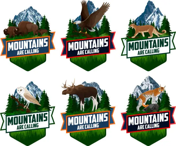 Vector illustration of The Mountains Are Calling. vector Outdoor Adventure Inspiring Motivation Emblem logo illustration with barn owl, family of brown zubr buffalo bisons, Bald eagle, moose,  lynx and puma cougar