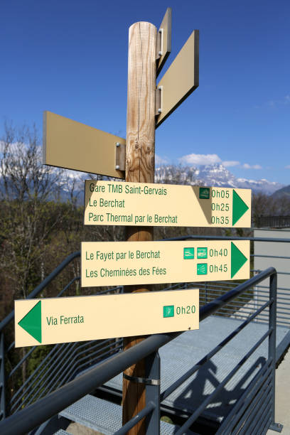 France. Auvergne-Rhône-Alpes. Haute-Savoie. Saint-Gervais-les-Bains. 03/04/2020. This colorful image depicts hiking signage: TMB Saint-Gervais station. Le Berchat. Thermal Park by the Berchat. Fayer by Berchat. The Chimneys of the Fairies. Via ferrata. French Alps. señales de senderismo: estación tmb saint-gervais. le berchat. parque termal por el berchat. fayer de berchat. las chimeneas de las hadas. vía ferrata. alpes franceses. saint-gervais-les-bains. alta saboya. auvernia-ródano-alpes. francia.