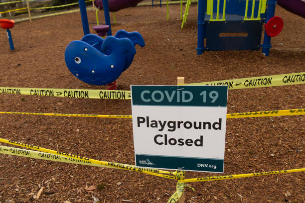 View of sign Playground Closed due to COVID-19(Coronavirus) in Panorama Park stock photo