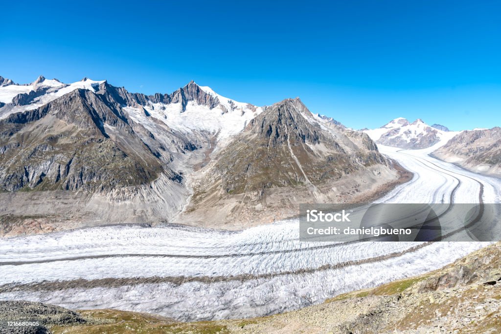 View on Aletsch glacier from Eggishorn mount, Switzerland. It is the longest glaciers in Alps. Aletsch Glacier Stock Photo