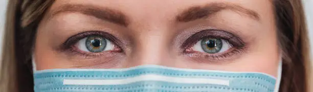 Photo of Woman wearing protection medical face mask. Big eyes close-up. Banner panorama of medical staff. Preventive gear against coronavirus