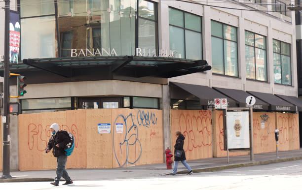 Vancouver shops have boarded up their storefronts with wood following an increase in break-and-enters due to business shutdown caused by COVID-19 stock photo