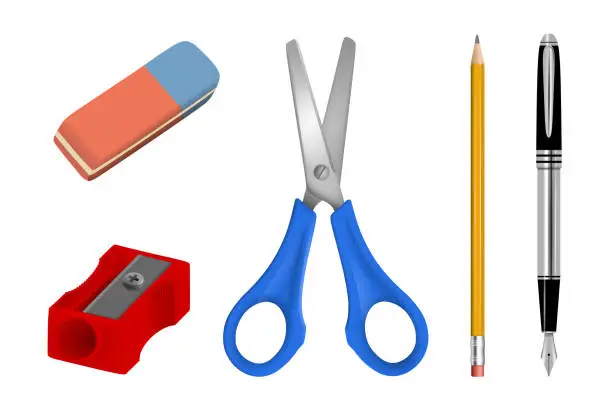 Vector illustration of Set of school and office supplies. School and office accessories realistic illustration