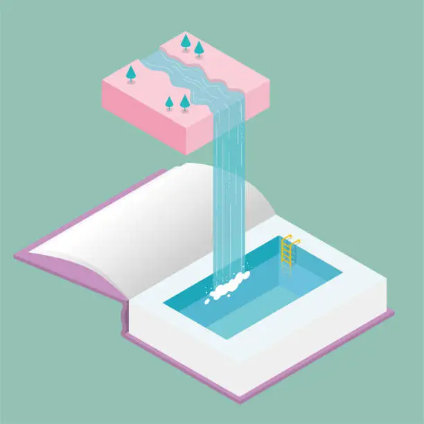 Vector illustration of Water flows down from mid-air, forming a waterfall,flow into the swimming pool in the book.