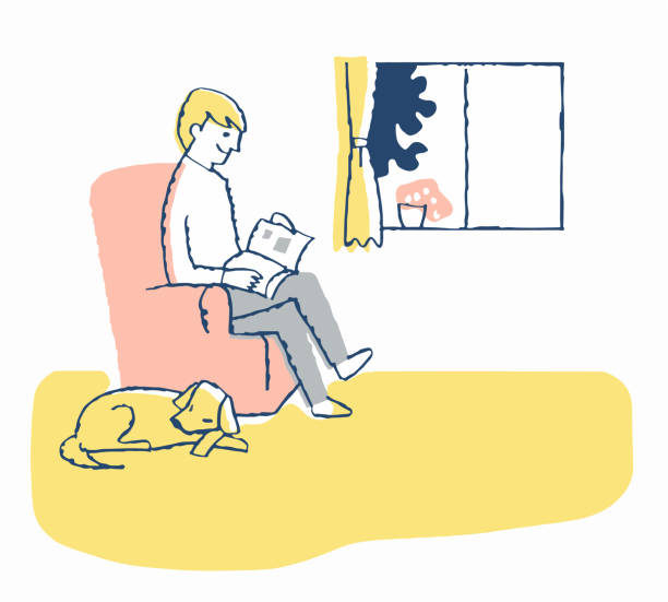 ilustrações, clipart, desenhos animados e ícones de um homem sentado no sofá e lendo e cachorro - looking through window illustrations
