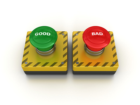 GOOD BAD Push Buttons - White Background - 3D Rendering
