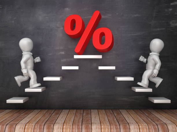 istock Business Characters on Steps with PERCENTAJE Sign on Chalkboard - 3D Rendering 1216685317