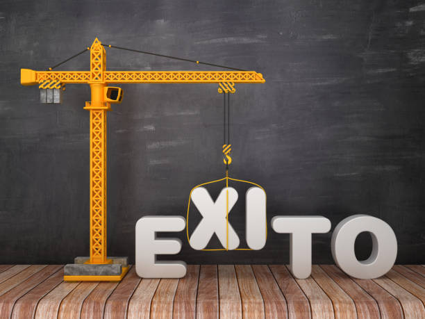istock Tower Crane with EXITO Word - Spanish Word - Chalkboard Background - 3D Rendering 1216685414