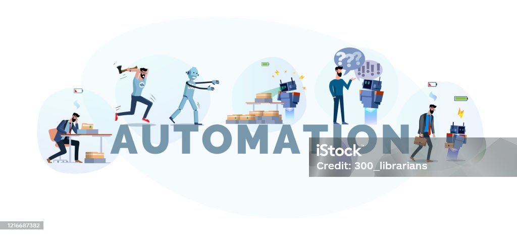 A large set of illustrations on topics like automation, software, robot A large set of illustrations on topics like automation, software, robot, mechanize, simplify, reduce the cost, chat bot, process technology, macro creation. Editable objects. Flat style illustration Scientific Experiment stock vector